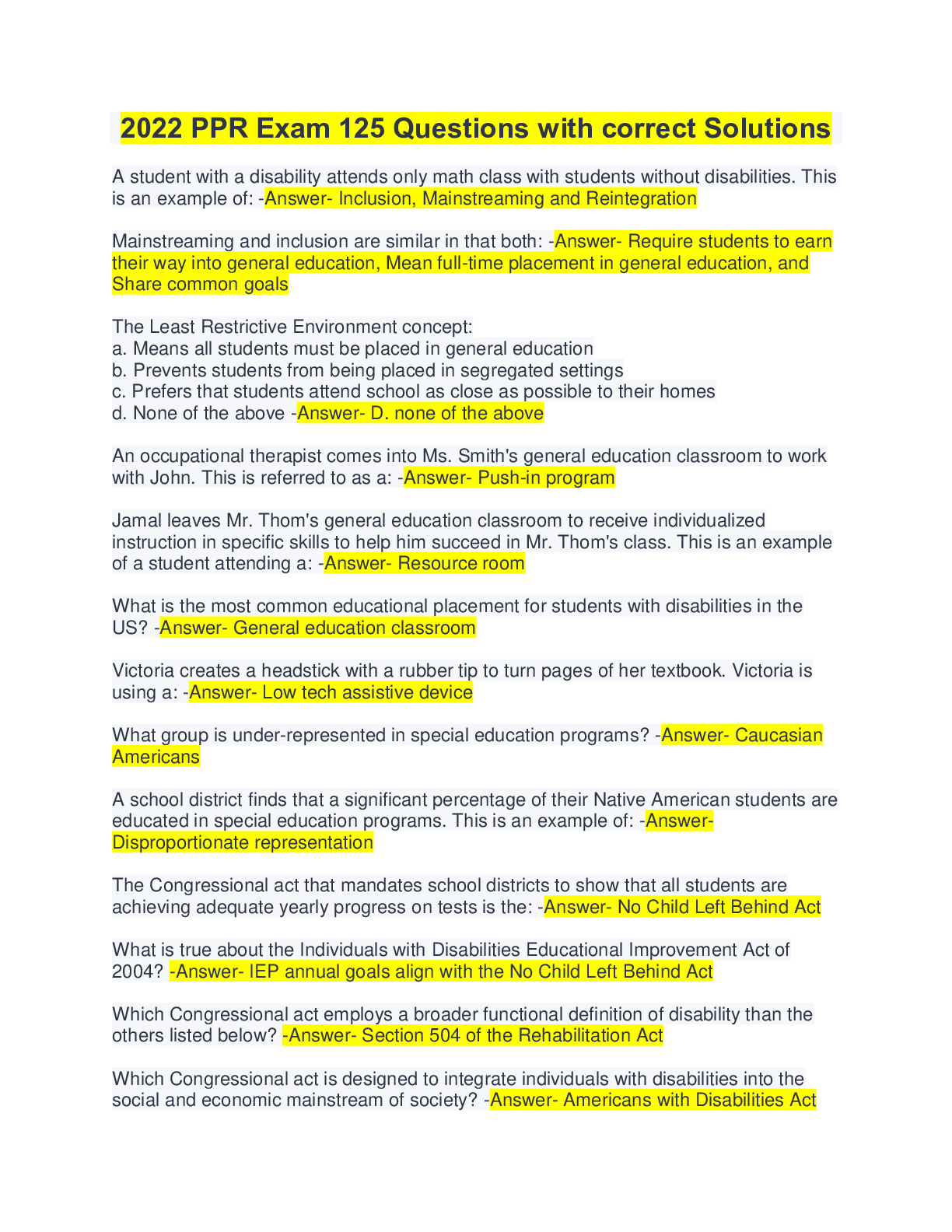 Preview image for 2022 PPR Exam 125 Questions with correct Solutions. 100% Accurate.